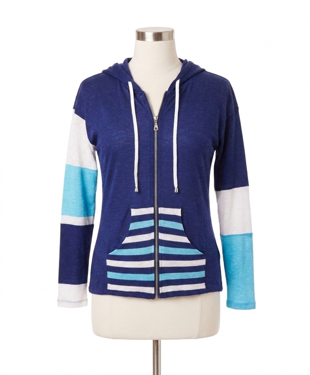 NEW FRENCH KYSS zip up hoodie cardigan in navy/multi
